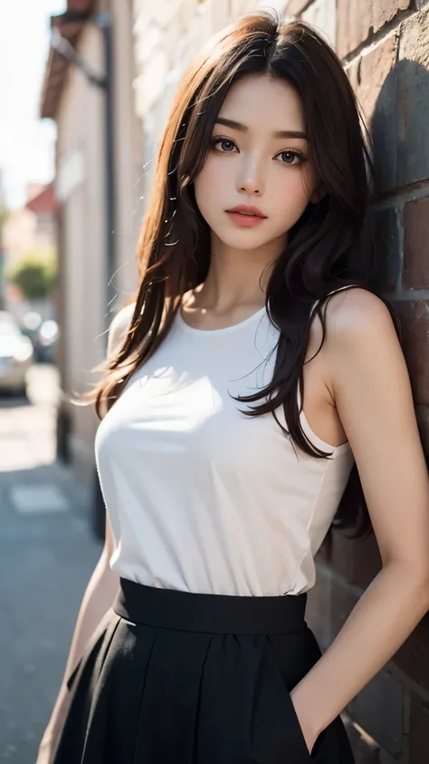 (Best quality,8k,high resolution,masterpiece:1.2),Digital Artwork,A girl,Delicate face,Delicate eyes,Dark brown hair,Straight Hair,Shining amber eyes,Red lips,suspender long skirt,particle,dust,Warm colors,shy,in love,Eevee drawing,Men's white collar s...