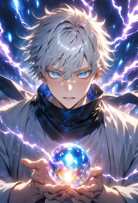 absurdres, highres, ultra detailed, HDR, master piece, best quality, (character trapped inside a crystal ball) Gojo Satoru, white hair, with bangs, hair between the eyes, expressive blue eyes, white eyelashes, Jujutsu Kaisen, solo, sexy man, handsome, whit...
