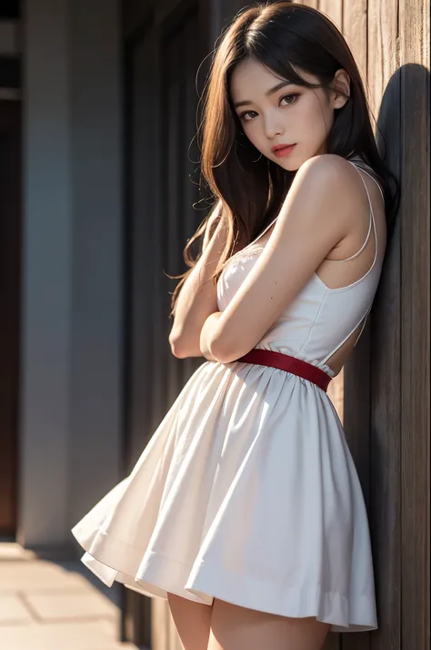 (Best quality,8k,high resolution,masterpiece:1.2),Digital Artwork,A girl,Delicate face,Delicate eyes,Dark brown hair,Straight Hair,Shining amber eyes,Red lips,suspender long skirt,particle,dust,Warm colors,shy,in love,Eevee drawing,Men's white collar s...