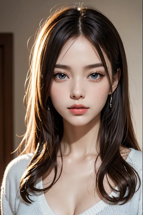 (Best quality,8k,high resolution,masterpiece:1.2),Digital Artwork,A girl,Delicate face,Delicate eyes,Mi blonde hair,Long straight hair,shiny blue eyes,Red lips,particle,dust,Warm colors,shy,in love,Eevee drawing,Men's white collar shirt,necklace,Pretty...