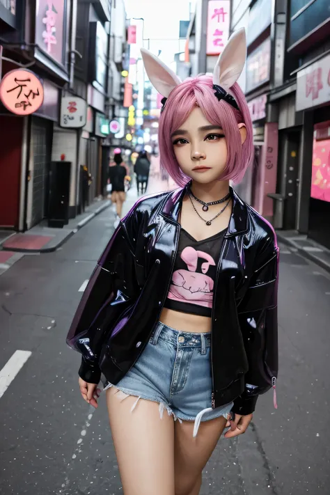 back alleys in tokyo、night city、neon street、sports good、jeans shorts、pink hair、realistic rabbit ears、rabbit ears pink hair stick...