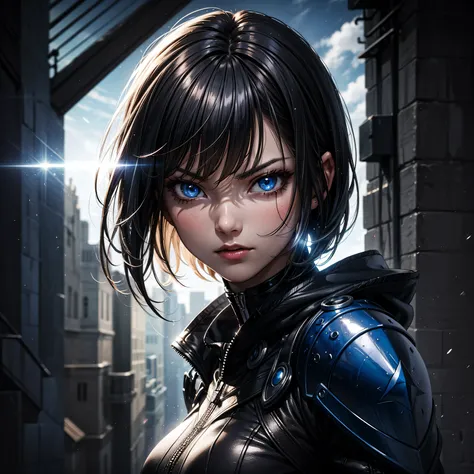 (High Detail:1.2) Anime Girl, (Best quality, Detailed), (dark, gravelly:1.3, dark:1.2), 1girl, (solo), ( dark black skin), two blades of Azzinoth, short bob hair, black hair, blue eyes, fair skin, sinister, intense look, background dark, Volumetric light, ...