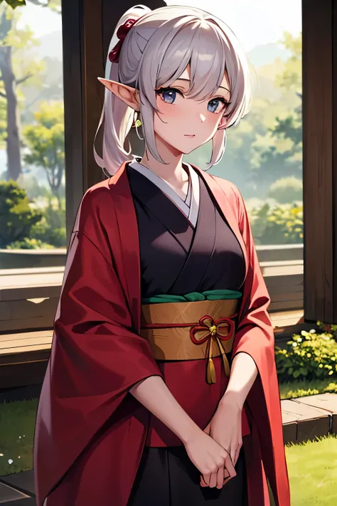 1girl , kimono, obi, elf, white long ponytails hair, archer