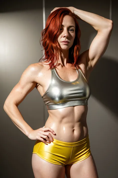 Masterpiece, 40 year old woman, metallic yellow sports bra, metallic red short shorts, booty shorts, wet skin, red hair, freckles, facing the camera, standing, hands on hips