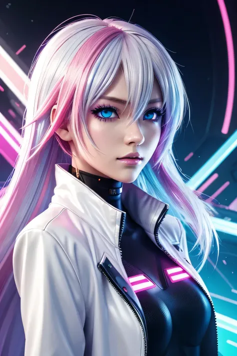 cyber punk character,アニメ, masterpiece quality, best qualityer, final art, aesthetic beauty: 1.5, detailed artwork, Colorful abstract background, Kizi, The hair color, Pinkish white, long and silvery, neon light blue eyes.