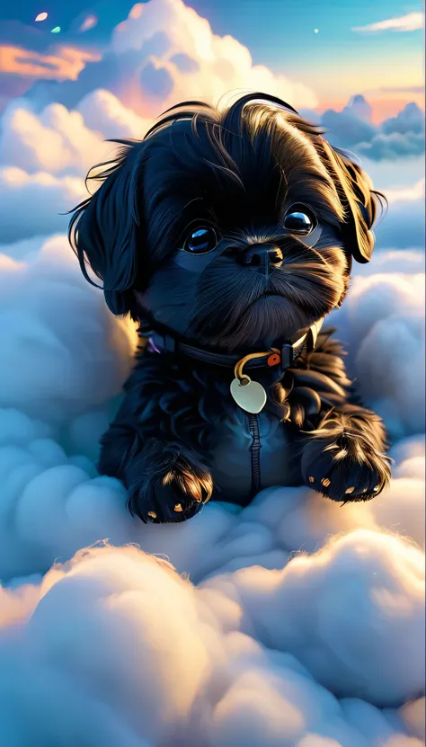 Adorable black shihtzu puppy is curled up and sleeping、Above the Clouds、night、Character Style、3D Pixar style