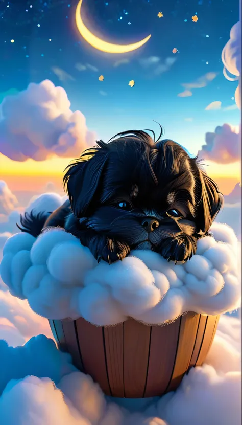 Adorable black shihtzu puppy is curled up and sleeping、Above the Clouds、night、Character Style、3D Pixar style