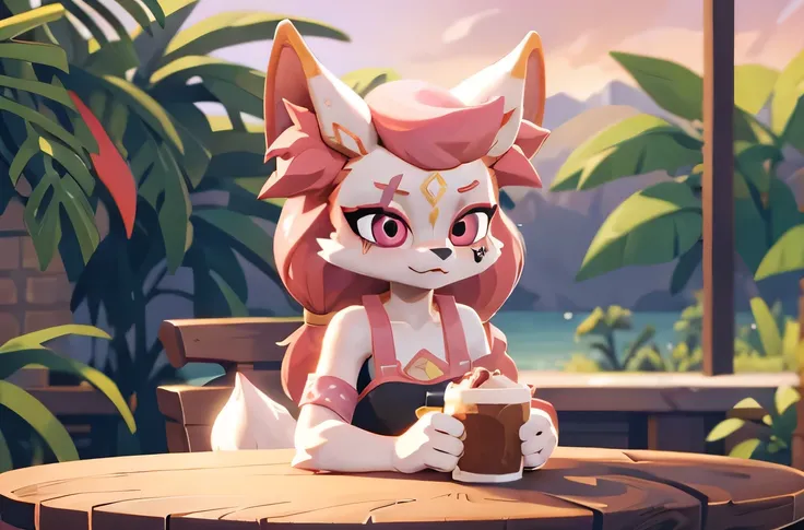 kimiko, furry female anthro, fox girl, white body fur, Pink hair, solo, body fur, (best quality), cinematic lighting, masterpiece, perfect hair, sitting at the table, playful look, cafe, summer veranda of the cafe, the round table, coffee and desert on the...