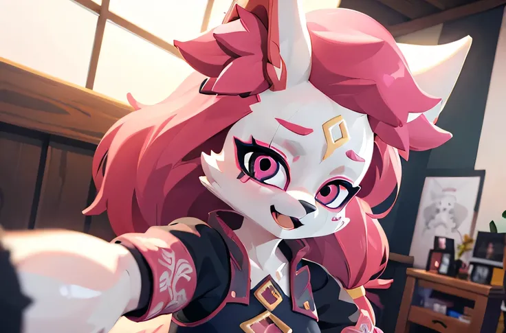 kimiko, furry female anthro, fox girl, white body fur, Pink hair, solo, body fur, (best quality), cinematic lighting, masterpiece, perfect hair, selfie, happy, selfie on the background of a fox statue