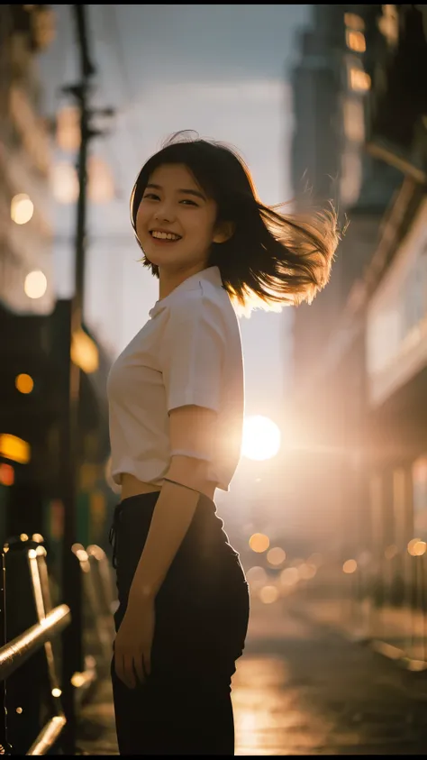 1 girl, 20 years old, (laughing:0.7), posing, look at a camera, complex city background, backlit, (cinematic:1.5), hyperdetailed, insane details, intricate details, accent lighting, soft volumetric light, bokeh, (dramatic light:1.2), (neutral colors:1.3), ...