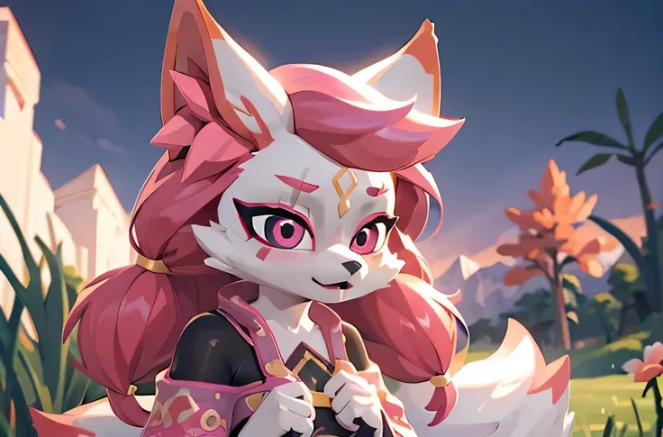 kimiko, furry female anthro, fox girl, white body fur, Pink hair, solo, body fur, (best quality), cinematic lighting, masterpiece, perfect hair, picnic