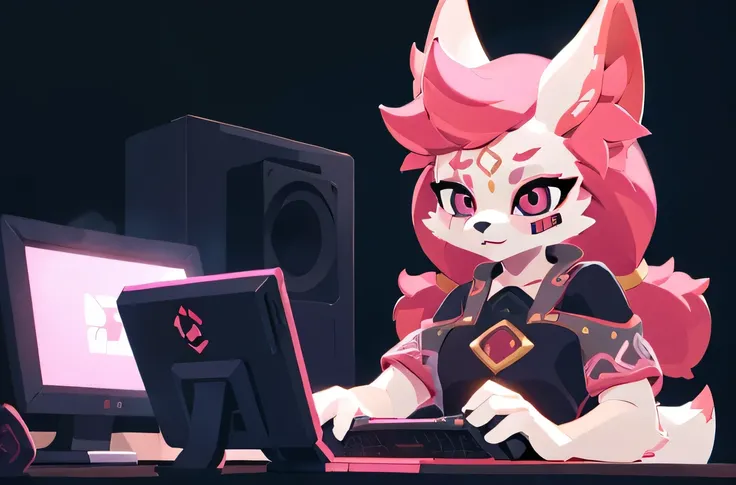 kimiko, furry female anthro, fox girl, white body fur, Pink hair, solo, body fur, (best quality), cinematic lighting, masterpiece, perfect hair, dark room, gaming pc, playing on computer