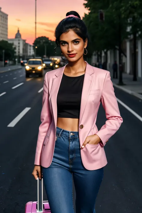 5 AM scenario, sun rise not enough, street lights are ON, ultrarealistic photography, incredible detailing, high quality, beautiful Tamil girl, sleek chick, (brief smirk:1.6), intricate detailed beautiful mesmerizing eyes, pink lips, no wrinkles no pimples...