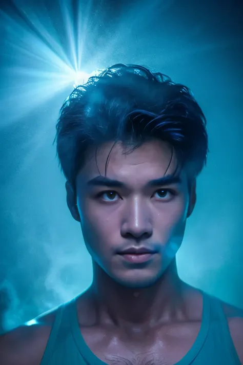 A chinese man with blue mists surrounding his eyes. Hunky, beefy, muscled, wide, hunkt. Theres a unnatural diamond-blue glow in his eyes