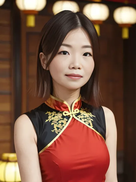 a woman wearing a chinese dress、she is posing against the backdrop of a traditional chinese garden.。there are red lanterns and b...