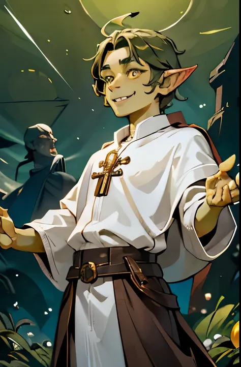 goblin, handsome, smile, yellow eyes, green skin, godhood, god, godrays, heaven, pope, christianity, white