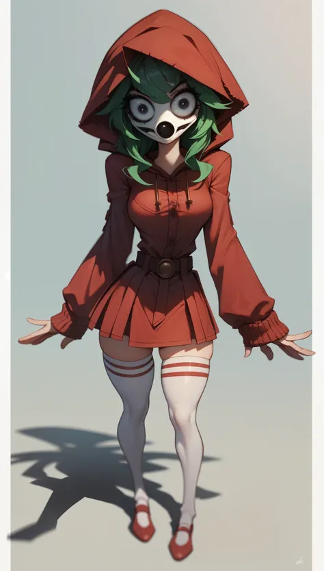 ((shygal)), mask, eyelashes, [solid background], [[light blue background]], (white border), (shaded), [3d], sleeves past wrists, (round eyes, wide eyes), (shadow), cartoony, (faceless), green hair, black eyes, breasts, no nose, 1girl, solo, [[belt]], (stan...