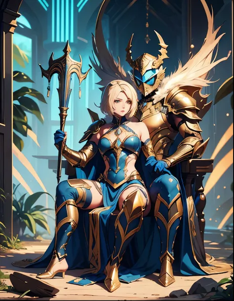 A man with short golden hair slicked back, his face entirely obscured by a Dynastinae concept mask, full mask, cold gaze, clad in an indigo blue fantasy-style Dynastinae concept chest plate, his arms and legs are clad in matching armor, he wears a white un...