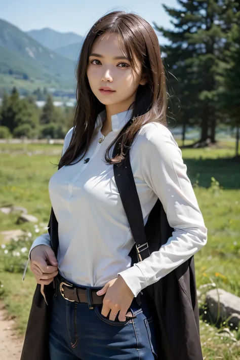 8k,A female adventurer from another world,so beautiful(Like the real thing),Adult woman in leather armor,Brown Hair,blue eyes,Carrying long objects, Large sword,Brown combat trousers,Dagger on hip,Walking in mountainous areas,Perfect Face,Perfect hand shap...