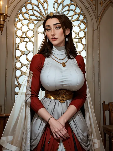 beautiful and regal, imperious and aloof, busty athletic (thin) brunette queen with sharp facial features wearing a modest updo,...