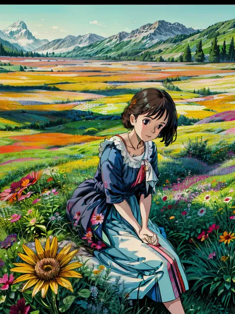 a painting of a person sitting in a field of orange flowers, daisies and poppies, field of wild flowers, standing in a flower field, young girl lies on a meadow, girl frontal in a flower field, lying on a bed of daisies, flower field, girl floating in a fl...