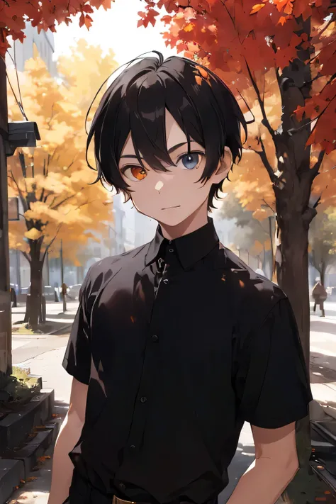 ((best qualityer)), ((work of art)), (detailded), 14 year old boy with 1,48 tall, like heterochromia, at a forest, wearing a black shirt with red details and burgundy pants with gold details