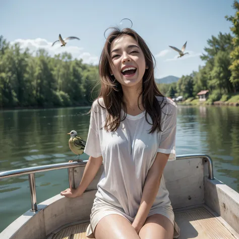 best quality, realistic, boat, 1girl, laugh , (birds on the boat)