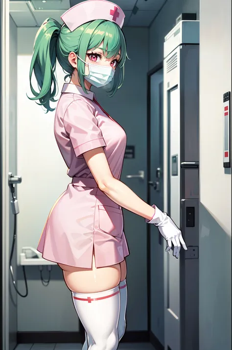 1girl, solo, nurse, nurse cap, white nurse uniform, ((white legwear, zettai ryouiki)), white gloves, ponytail, green hair, pink eyes, ((white surgical mask, covered nose)), standing, ((hospital room)), sharp outline, short sleeves, best quality, masterpiec...