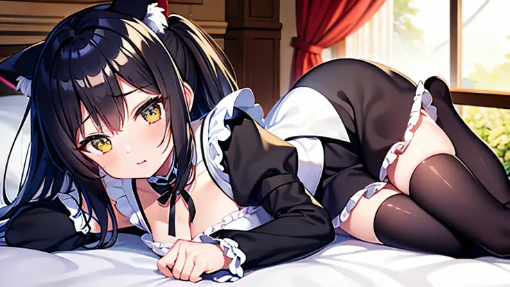 Black Cat、Cat girl、Maid costume、Amber eyes、On the bed、Shy