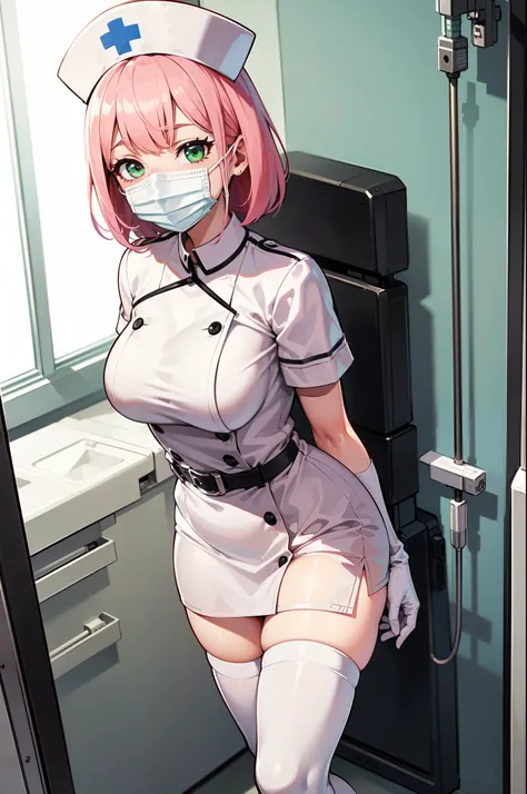 1girl, solo, nurse, white nurse cap, white nurse uniform, ((white legwear, zettai ryouiki)), white gloves, pink hair, green eyes, drooping eyes, ((white surgical mask, covered nose)), standing, ((hospital room)), sharp outline, short sleeves, best quality,...