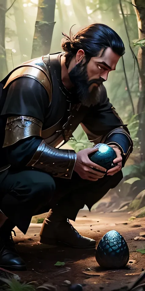 Knight short hair black beard on his knees picking up a dragon egg in the woods 