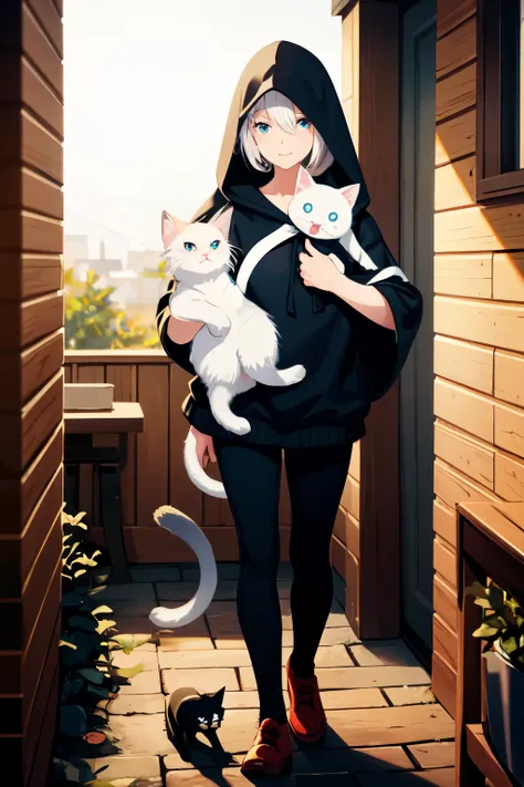 ((best qualityer)), 1 18 year old girl with a cat on her shoulder, He has short, white hair and carries a hunting rifle and wears a hood. 