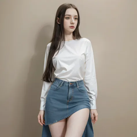 Pale white girl, pale skin, long straight black hair, very long straight hair, dressed in a colorful shirt and jeans skirt, very beautiful woman, thick legs, wide hips, tall stature, thin paint, small breasts, natural background,. Full resolution, hd, 4k p...