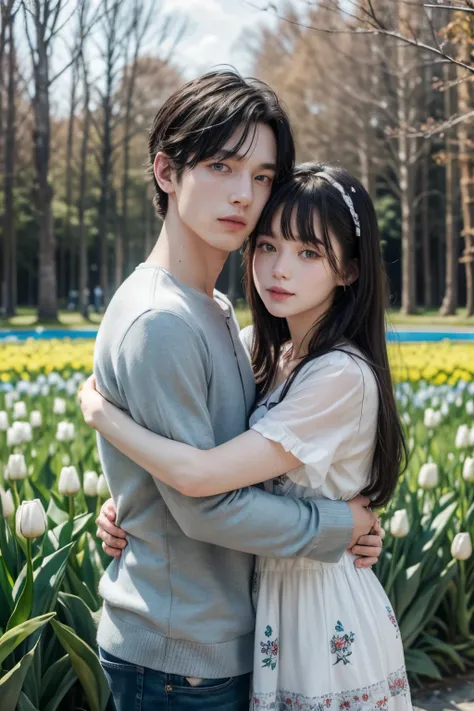 Make a couple hugging. the woman is white, hair is red and long with bangs, She has freckles on her cheeks and white skin. She is wearing a flowery dress, long and green. Man is taller, has black hair and is Korean, he has heterochromia, the eyes are blue ...