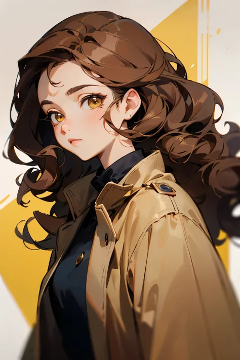 ((melhor qualidade)), ((obra de arte)), (detalhado), female, honey eyes, dark hair, brown hair, Fair skin, long hair, wearing brown coat, slightly curly hair, kind face