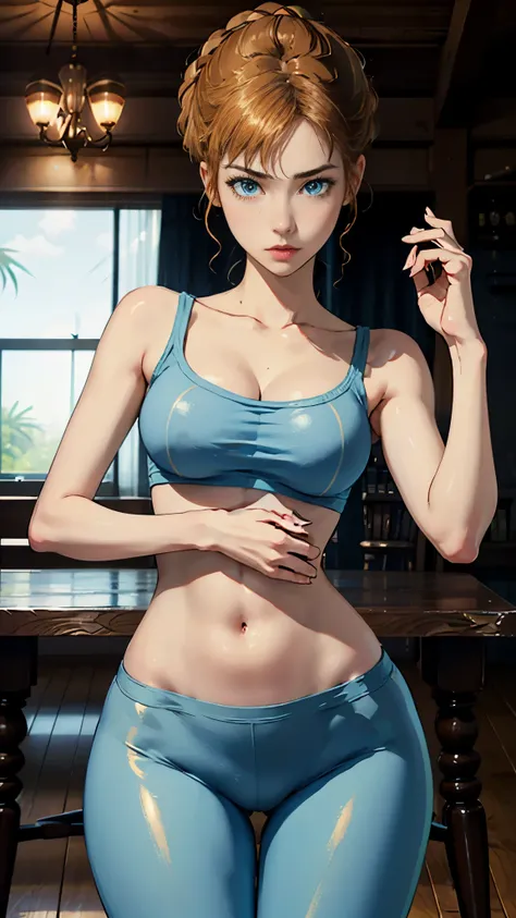 solo, full body shot, sparkling glossy blue big eyes, blue eyes, (great proportion:1.2), (medium sharp breast:1.2), 8k, realistic cartoon, young girl, masterpiece, standing, cowboy shot, arms at sides, yoga pants, 8k, slim figure, medium bust, curvy girl, ...