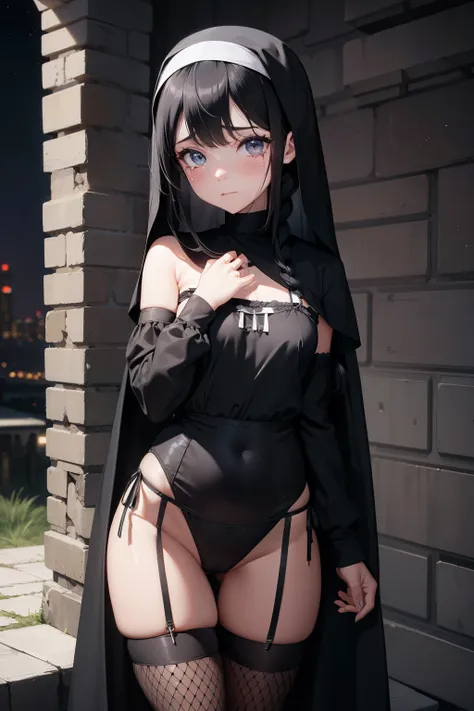 Ultra realistic   girl 8 years old,    body  , long black hair frinje braided , nun ,  seios  planos  , pantie  , melancolic face ,cry tears  ,night  dungeon  . Fishnet thighhighs. 