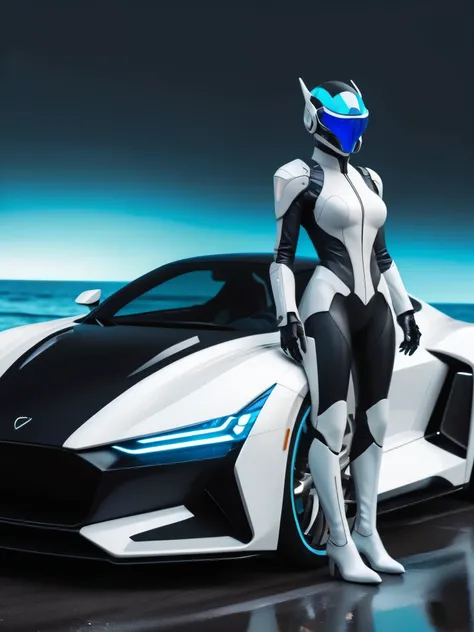 ral-opal, meahophontron, cyberpunk demonio, (White suit , black gray) With futuristic armor, (along with a super sports car) blue colors, black, gray with soft tones, background image: (driving through the sea)