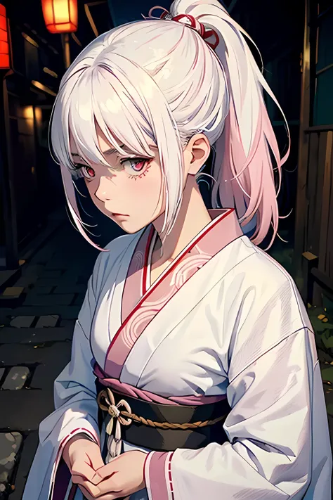 A small  with white hair with pastel pink highlights, white with red eyes. She is expressionless and injured in an old-fashioned unlit alley.,  warrior with dark powers she is wearing ancient japanese clothes 