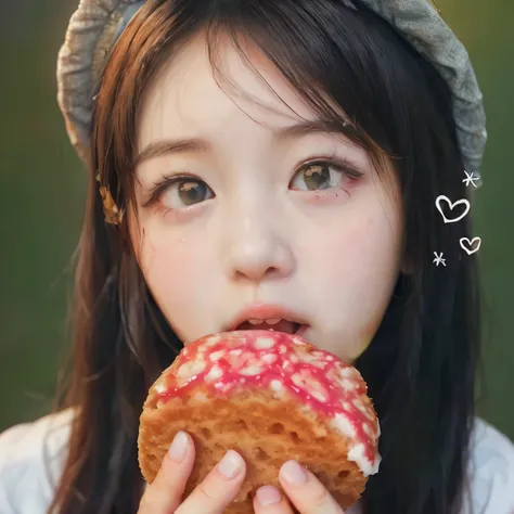 Cute girl eating a rice cake, adorable big eyes, upturned nose and puffy lips