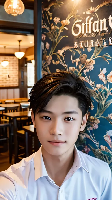 Highest quality, masterpiece, Ultra-high resolution, (Realistic: 1.4), Original photo, wallpaper, Head Photo, skin, Simple Background, Iris, detailed, Selfie, 1 boy, 18-year-old, good looking, Wind,restaurant