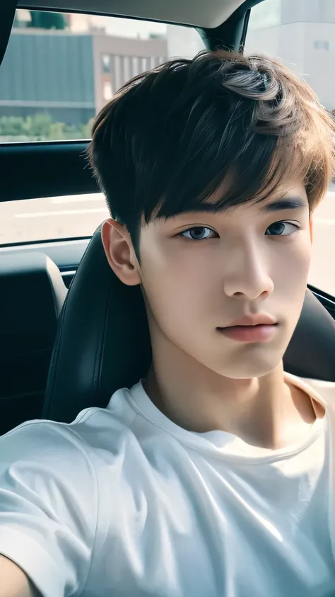 Highest quality, masterpiece, Ultra-high resolution, (Realistic: 1.4), Original photo, wallpaper, Head Photo, skin, Simple Background, Iris, detailed, Selfie, 1 boy, 18-year-old, good looking, Wind,Driving a car