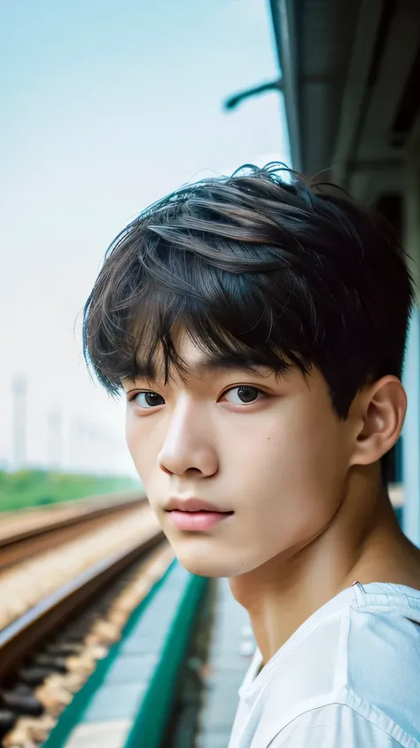 Highest quality, masterpiece, Ultra-high resolution, (Realistic: 1.4), Original photo, wallpaper, Head Photo, skin, Simple Background, Iris, detailed, Selfie, 1 boy, 18-year-old, good looking, Wind,train