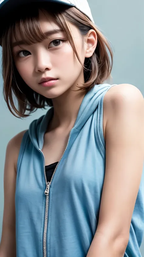 (masterpiece, Highest quality:1.2), 8k, Absurd, (Upper Body:1.2), violet, Gardenia, beautiful girl, (Pretty face, Detailed face:1.2), He is wearing a short tank top and an open-zipped hoodie......,I can see your chest,Nice ass,Wear a New Era cap,View your ...