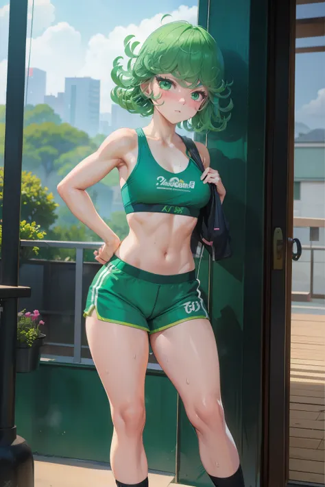 Tatsumaki ,1girl , anime , masterpiece  , green color hair  , sweat , sexy , sport bra , small  breasts , sexy,  dolphin shorts  , long socks , shy , blush , sexy body  , bodybuilding gym   . Standing ,  