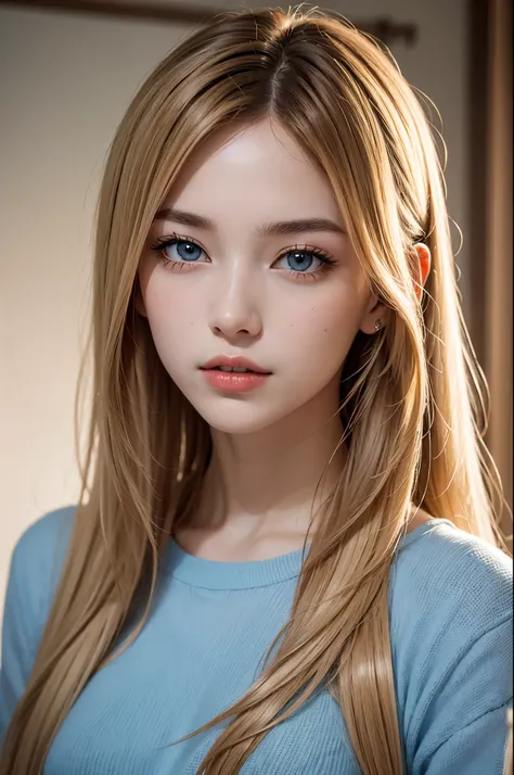 (Best quality,8k,high resolution,masterpiece:1.2),Digital Artwork,A girl,Delicate face,Delicate eyes,Mi blonde hair,Long straight hair,shiny blue eyes,Red lips,particle,dust,Warm colors,shy,in love,Eevee drawing,Men's white collar shirt,necklace,Pretty...