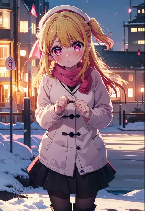 rubyhoshino, Ruby Hoshino, Long Hair, bangs, Blonde, (Pink Eyes:1.3), (Symbol-shaped pupil:1.5), Multicolored Hair, Two-tone hair, Earmuffs,Knitted hat,Purple Scarf,Red long coat,V-neck sweater,Long skirt,Black Pantyhose,short boots,snow,snow,snow,snow,sno...