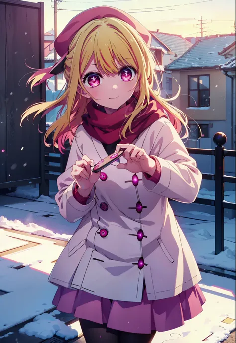 rubyhoshino, Ruby Hoshino, Long Hair, bangs, Blonde, (Pink Eyes:1.3), (Symbol-shaped pupil:1.5), Multicolored Hair, Two-tone hair, smile,White Breath,Knitted hat,Purple Scarf,Red long coat,V-neck sweater,Long skirt,Black pantyhose,short boots,snow,snow,sno...