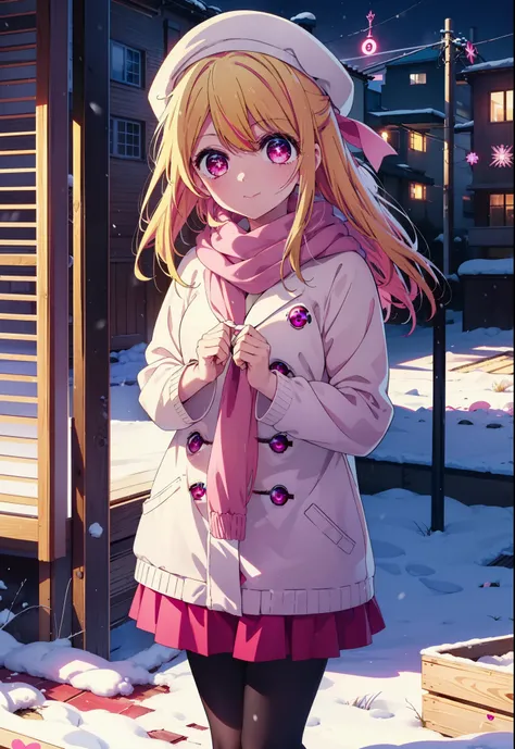 rubyhoshino, Ruby Hoshino, Long Hair, bangs, Blonde, (Pink Eyes:1.3), (Symbol-shaped pupil:1.5), Multicolored Hair, Two-tone hair, smile,White Breath,Knitted hat,Purple Scarf,Red long coat,V-neck sweater,Long skirt,Black pantyhose,short boots,snow,snow,sno...