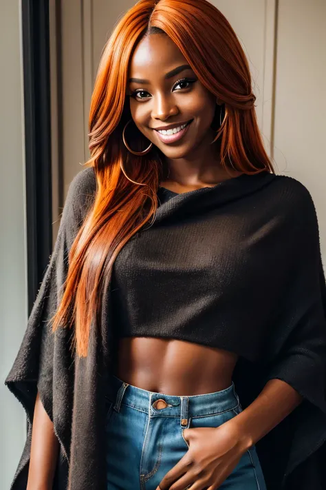 instagram photo, an American black woman, dark skin, long orange hair, light smile, deep-low-cut small short poncho, hard light